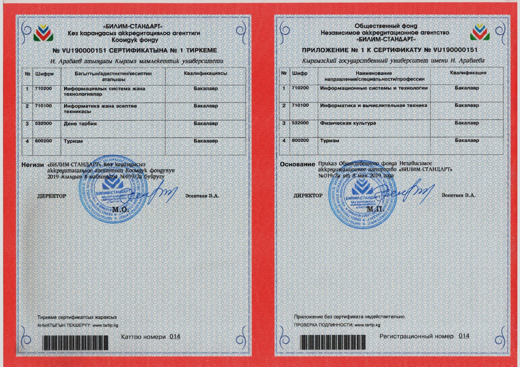 Сертификат № VU190000151